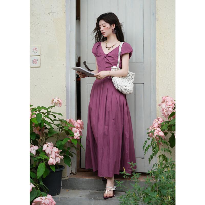 French V-Neck Puff Sleeve Midi Dress S