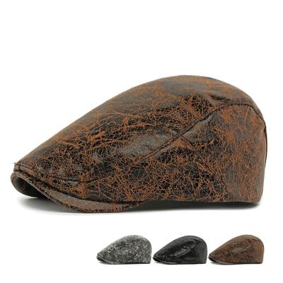 Herbstliche Baskenmütze aus weichem Leder für Herren, Britische Schirmmütze, Retro-Crackle-Hut