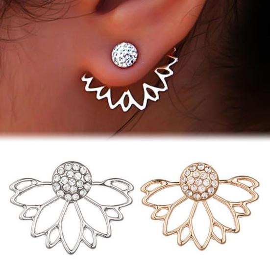Women Fashion Shiny Rhinestone Hollow Out Ear Jacket Stud Earrings Jewelry Gift