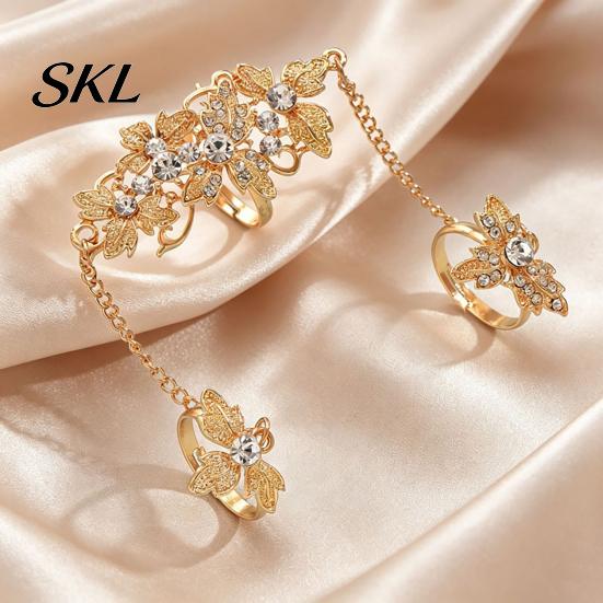 Girls Open Ring Rhinestone Flower Link Chain Ring, Bling Floral Leaf Full Finger Adjustable with Chain, Statement Hand Jewelry for Women Golden Plated