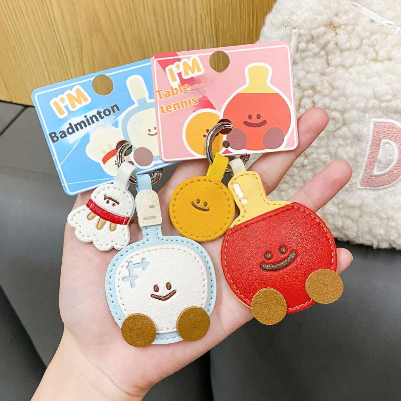 Cute Cartoon Leather Racket Strap Pendant Keychain Kawaii Simulation Badminton Table Tennis Backpack Decoration Accessories