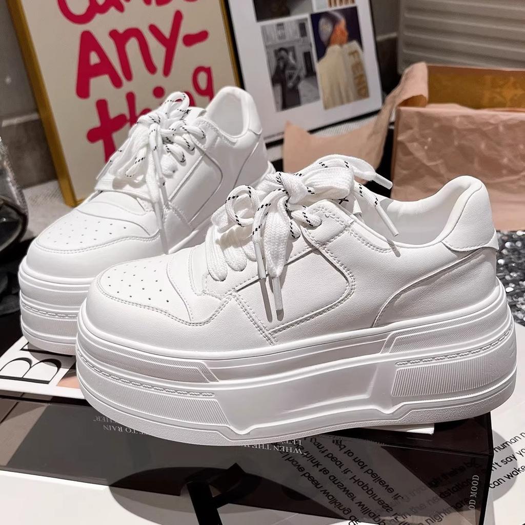 Korean version leather lace-up thick-soled muffin 6cm small casual shoes board shoes versatile ultra-light soles large white shoes women's shoes