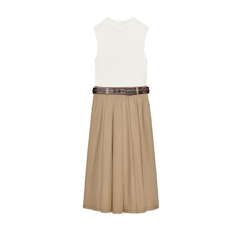 

Summer New Product Women s Clothes Pleated Design with Belt Contrast Color Patchwork round Neck Sleeveless Dress 0387080 CAMEL L