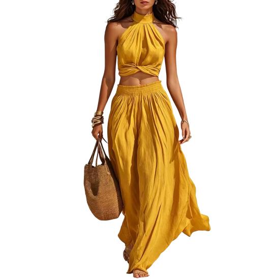 Comfortable Summer Pants Women's 2 Piece Outfits, High Neck Halter Sleeveless Top And Slimming Loose Trousers Wide Leg Matching Set, Beach Vacation