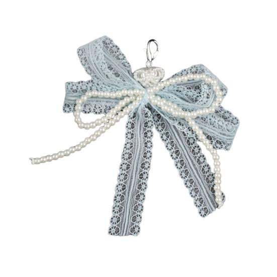 Lace Bow Shoe Charm for Sneakers Faux Pearls Beaded Bowknot Removable Bow Charm Accessory for Women Girls Shoes Bags Keychains