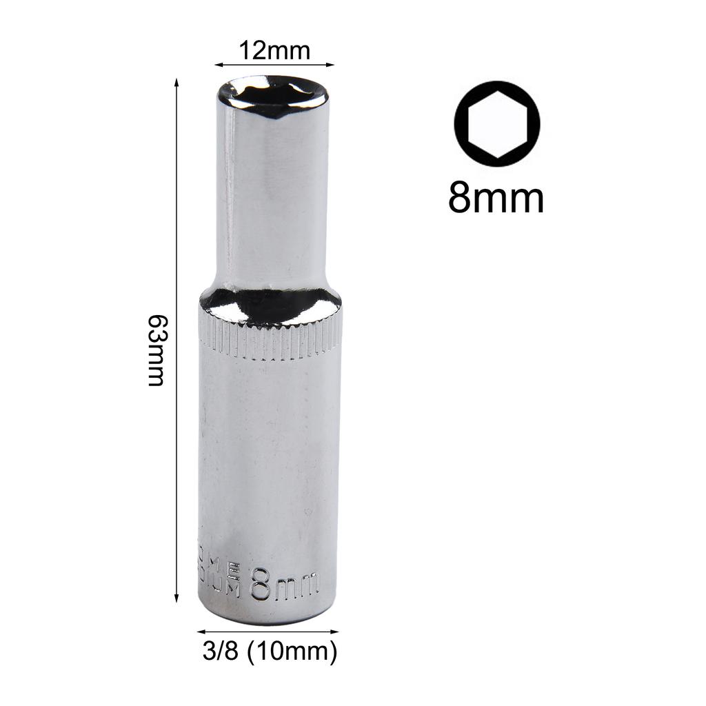 1PC 3/8in Deep Socket Adapter Hex Socket Wrench Heads Ratchet Tool 8-24mm 1/2Drive 6 Point Socket For Impact Deep Socket Adapter