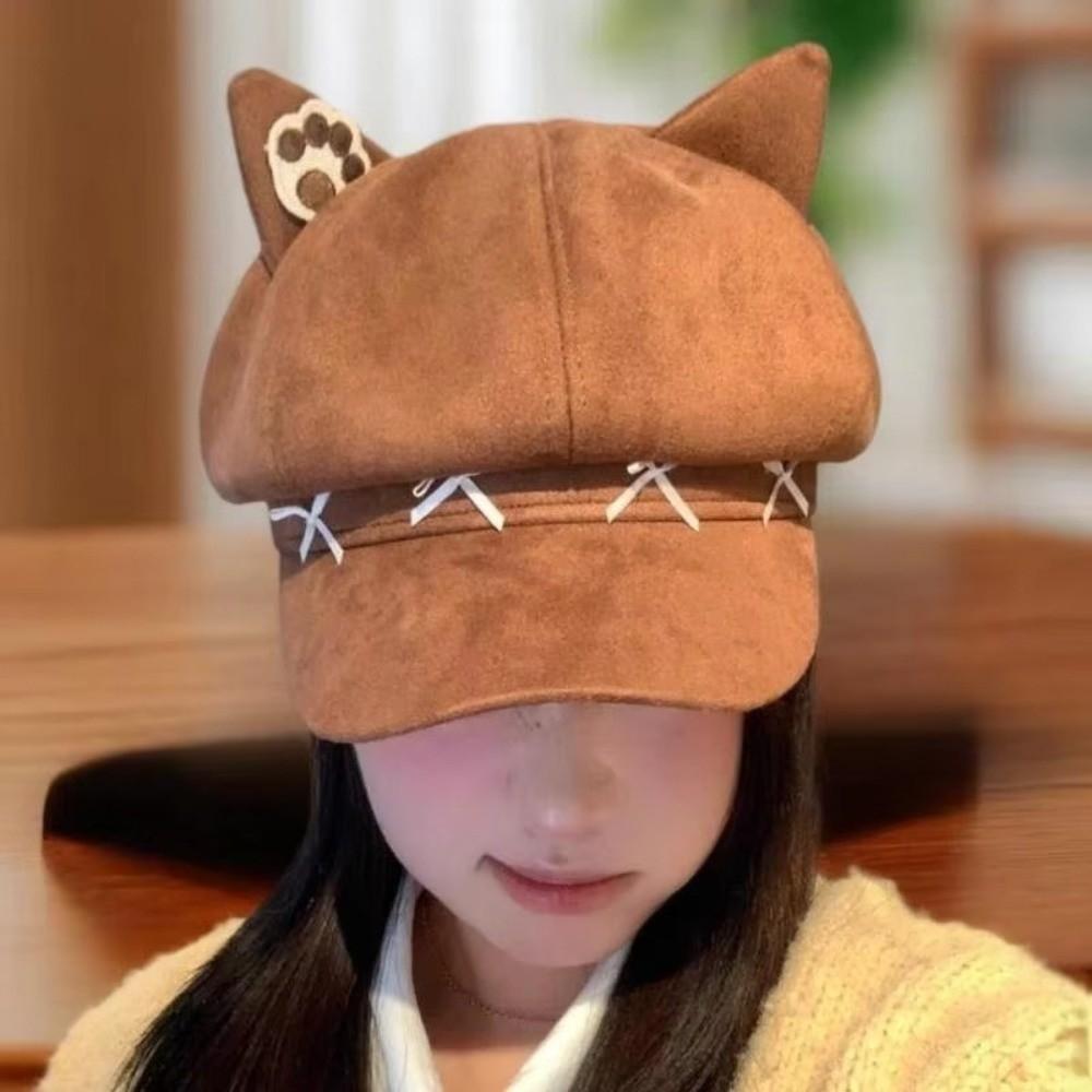 Warm Hat Newsboy Cap Cute Cat Ear Plush Beret New Cat Ears Bow Cap  for Student Wear