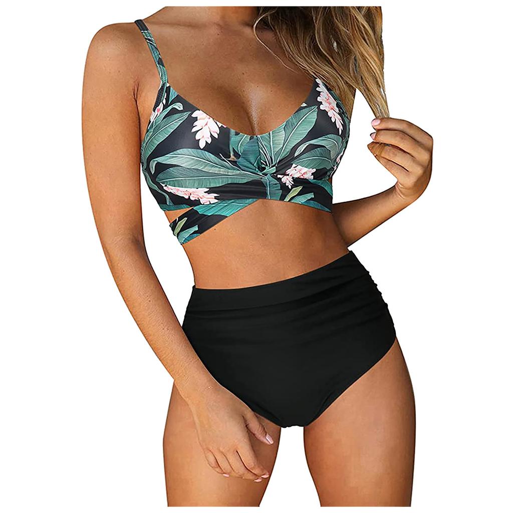 1011 European and American Swimsuit Print High Waist Cross Strap Women's Split Bikini Swimsuit Bikini