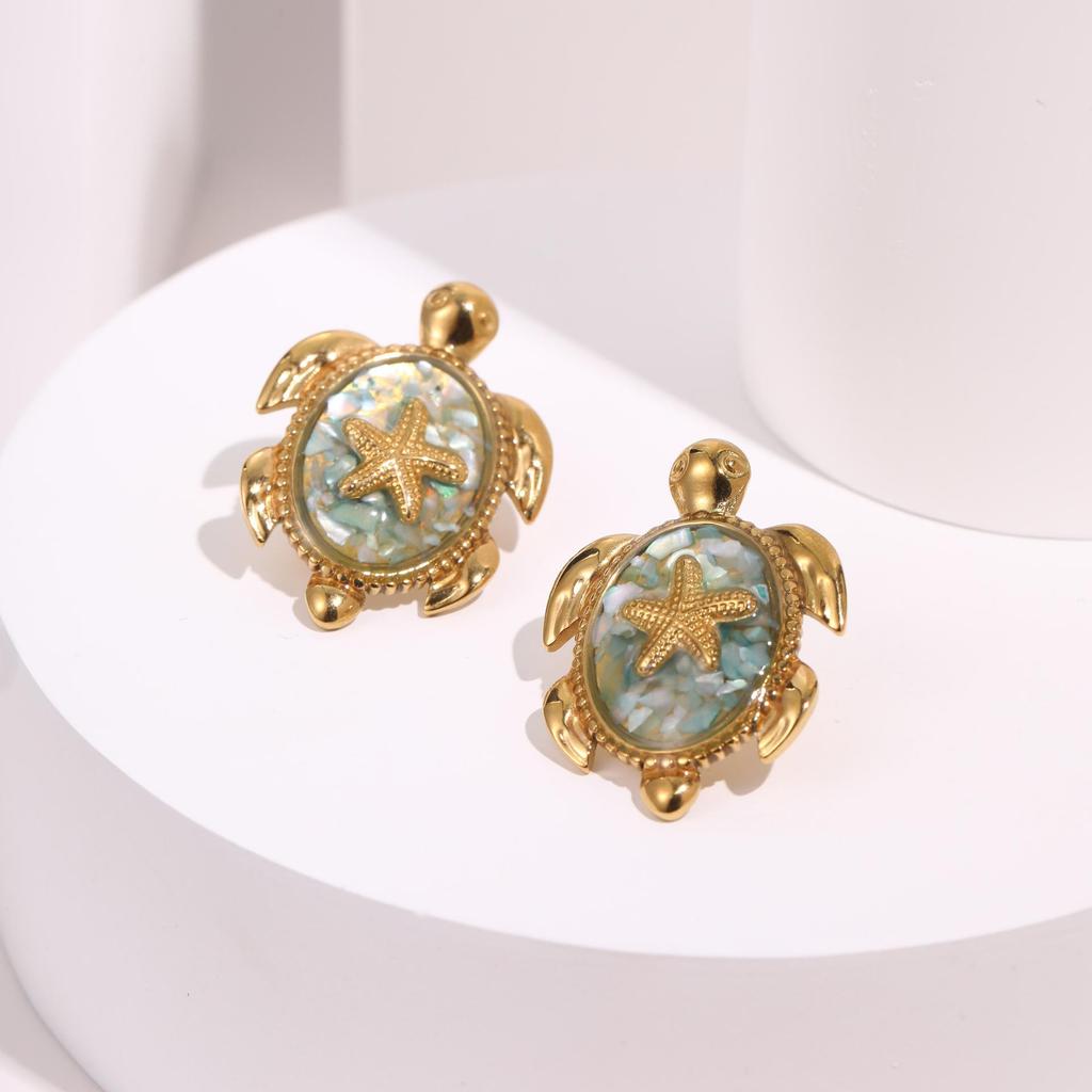 Brincos Europeus & Americanos Estilo Oceano de Estrela-do-mar & Tartaruga Marinha em Aço Inoxidável com Detalhes de Concha