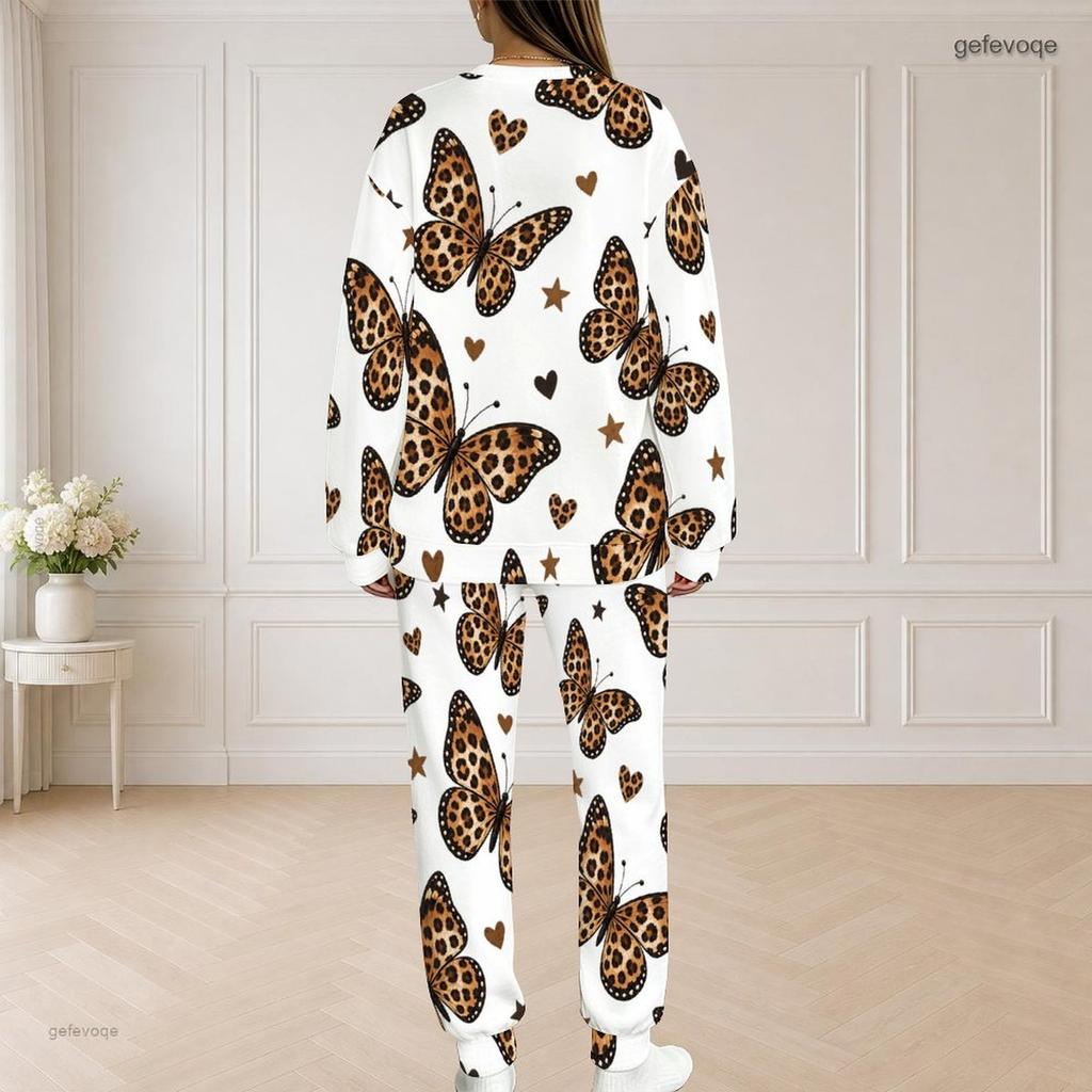 Women Plus Size White Printed Round Neck Long Sleeve Top And Long Pants Two Piece Set