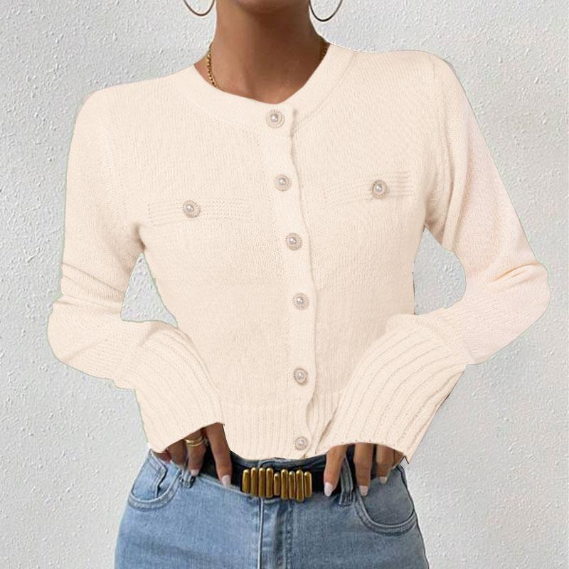 VONDA Women Autumn Round Neck Long Sleeve Pearl Button Cardigans