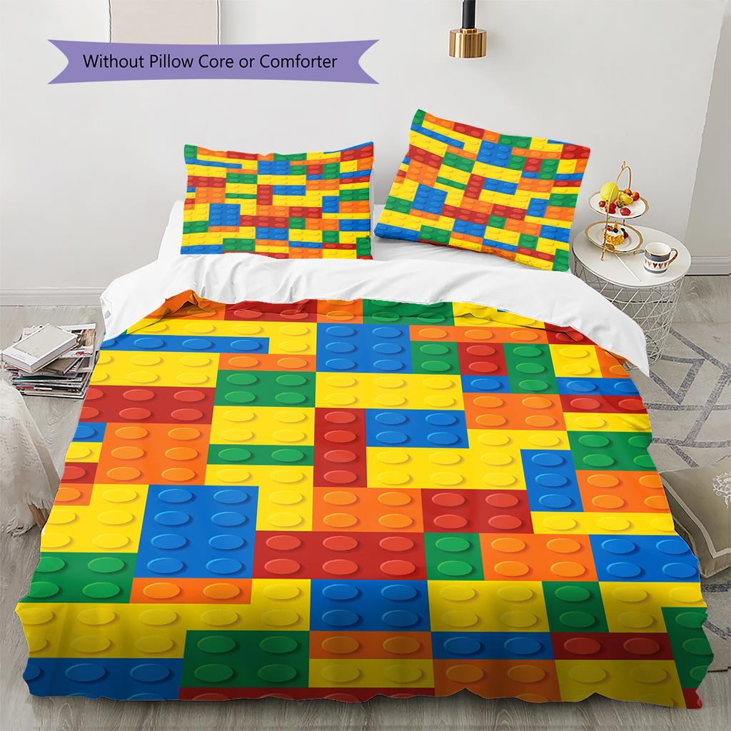 Building Blocks Pattern Bedding Quilt Set Quilt Cover Pillowcase Home Decoration Gift (1 * Duvet Cover + 2 * Pillowcase, Without Core)