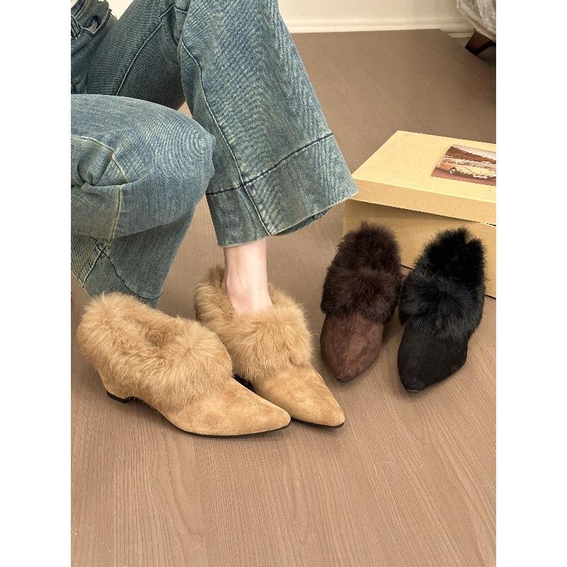 Gentle Tie! Retro Suede Pointed Head Hairy Edge Single Shoes Winter Velvet Inner Height-increasing Single Shoes