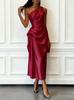 Women One Shoulder Satin Midi Dress Ruched Waist Elegant Wedding Guest Formal Evening Party Dress