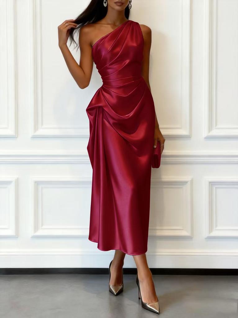 Women One Shoulder Satin Midi Dress Ruched Waist Elegant Wedding Guest Formal Evening Party Dress
