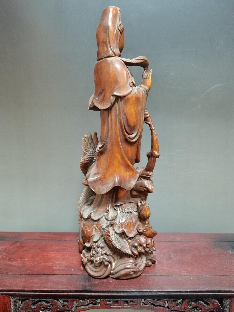 Chinese Antique Boxwood Carved Dragon Kwan Yin Statue Home Decor Sculpture Art