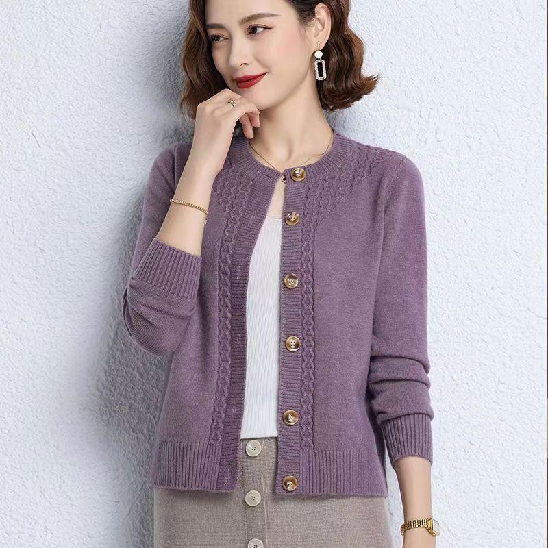2023 New Autumn Fashion Solid Color Simple Round Neck Panel Button Knitted Cardigan Temperament Commuter Women's Loose Sweater