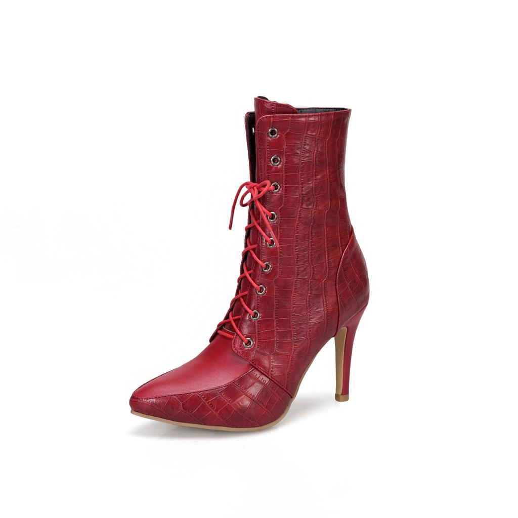 Otoño Invierno 2024 Botas de Cuero PU Mujer Tacones Finos Botín Talla Cremallera Lateral Cordones Cruzados Fiesta Femenino Zapatos Felpa Corta