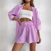 Women's Pajamas Set Home Clothes Sleepwear Loung Wear Stripe Long Sleeve Shirt Tops and Loose High Waisted Mini Shorts Pijama