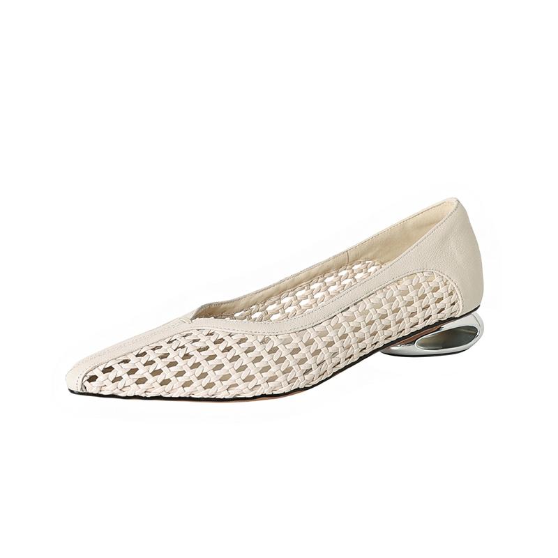 Fashion Women's New Spring and Summer Pointed Leather Cowhide Woven Hollow Breathable Mid Heel Fashion Single Shoes Work Shoes