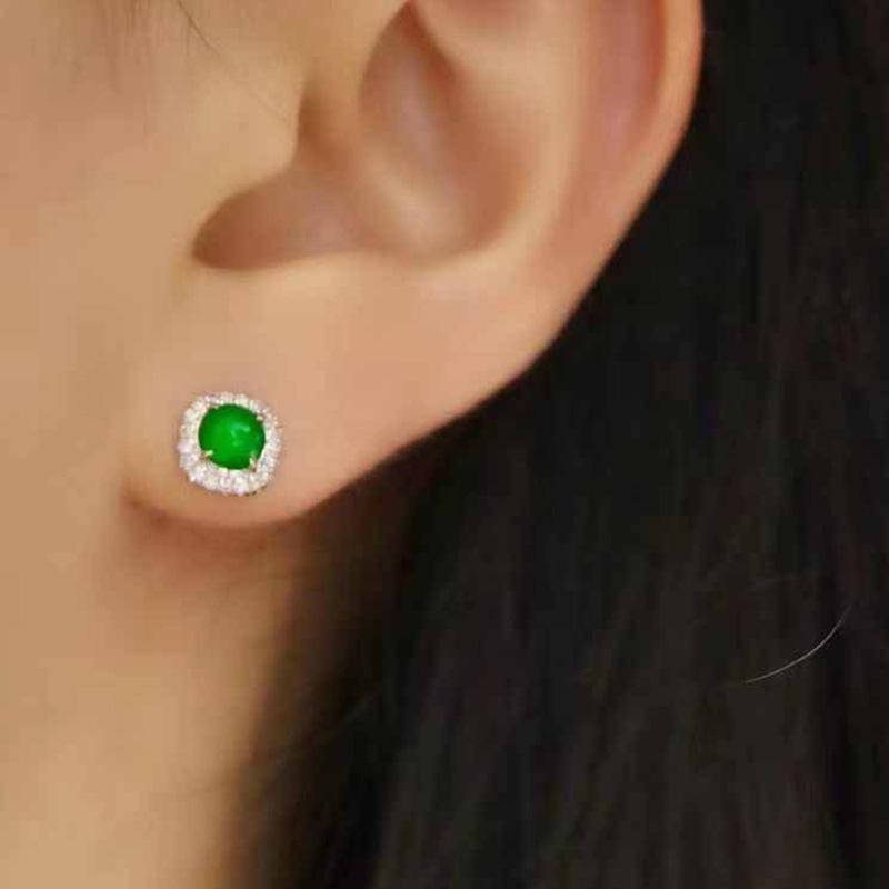 Natural Chalcedony Green Square Earrings for Women Retro Inlay Diamonds Small Round Bead Earings Stud Fashion Jewelry