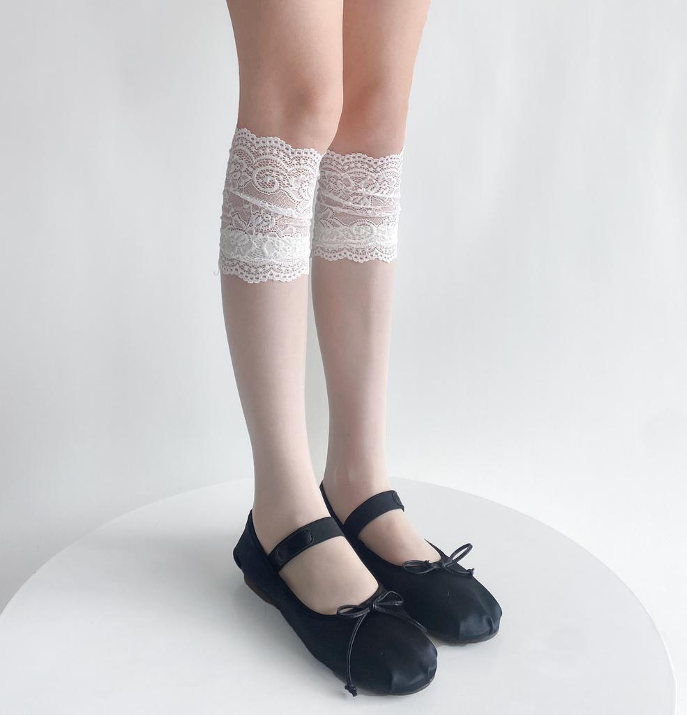 Ultra Thin Transparent Women Lace Ruffle Long Socks Stockings JK Lolita Sweet Girls Sexy Lace Mesh Fishnet Stockings Knee Socks