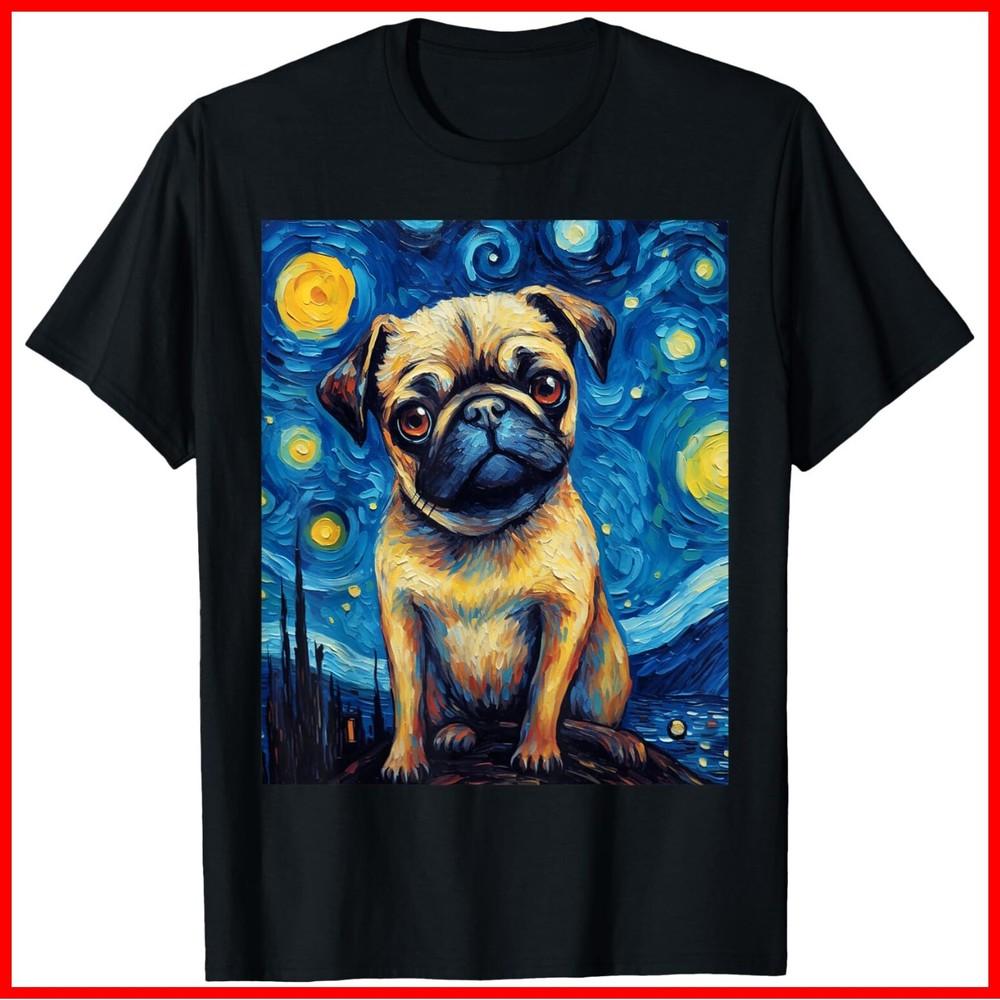 Starry Night Pug Dog Van Gogh Sky Painting Art Pug Lovers Black Cotton T-Shirt Unisex T-Shirt XL