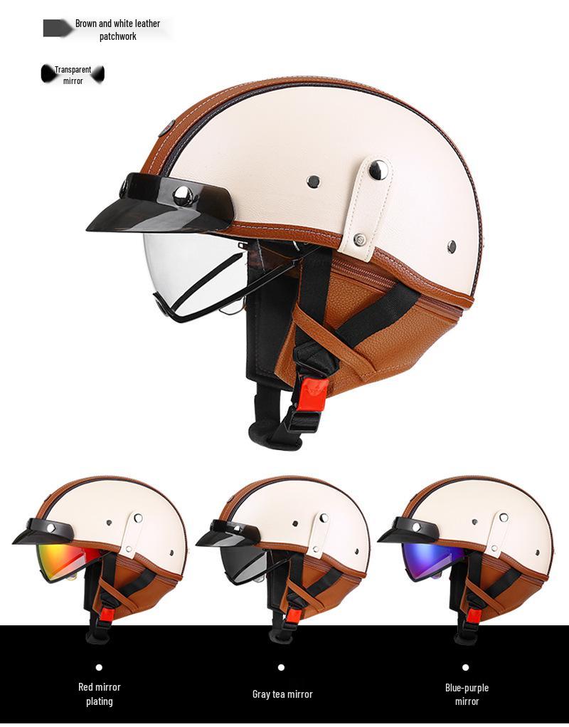 3C Certified Retro Leather Electric Motorcycle Half Helmet with Detachable Neck Guard for Men and Women - Model AF-R09