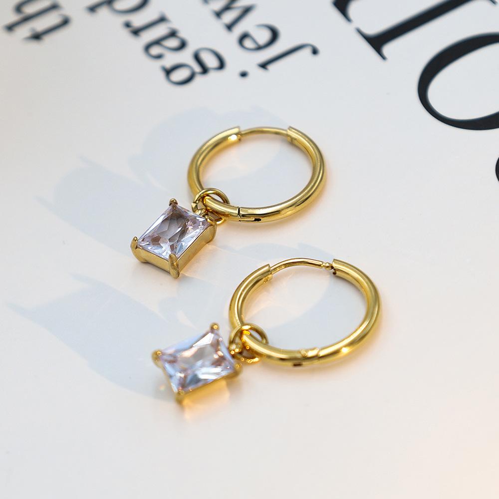 Wind Rectangular Zircon Earrings Women'S Niche Design Sense 18K Titanium Steel Premium Sense Earrings