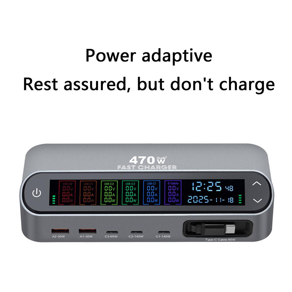 Fast Charger Station With Color Screen Display And 65W Retractable Cable Supports Multiple Devices Simultaneous Charging