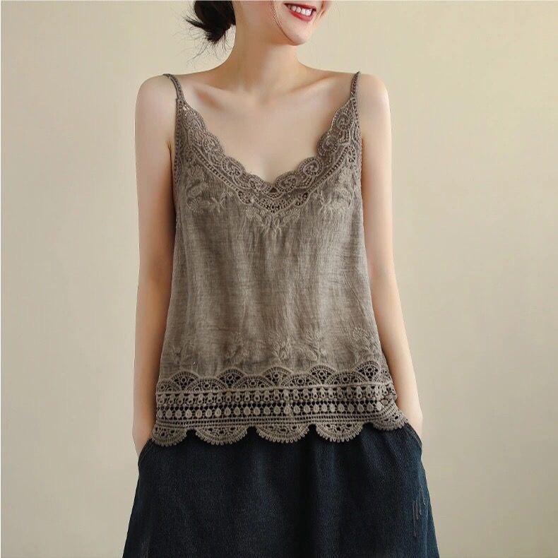 Literary and artistic style cotton and linen small suspenders are versatile, summer new bottoming shirt breathable hollow air-conditioned room vest