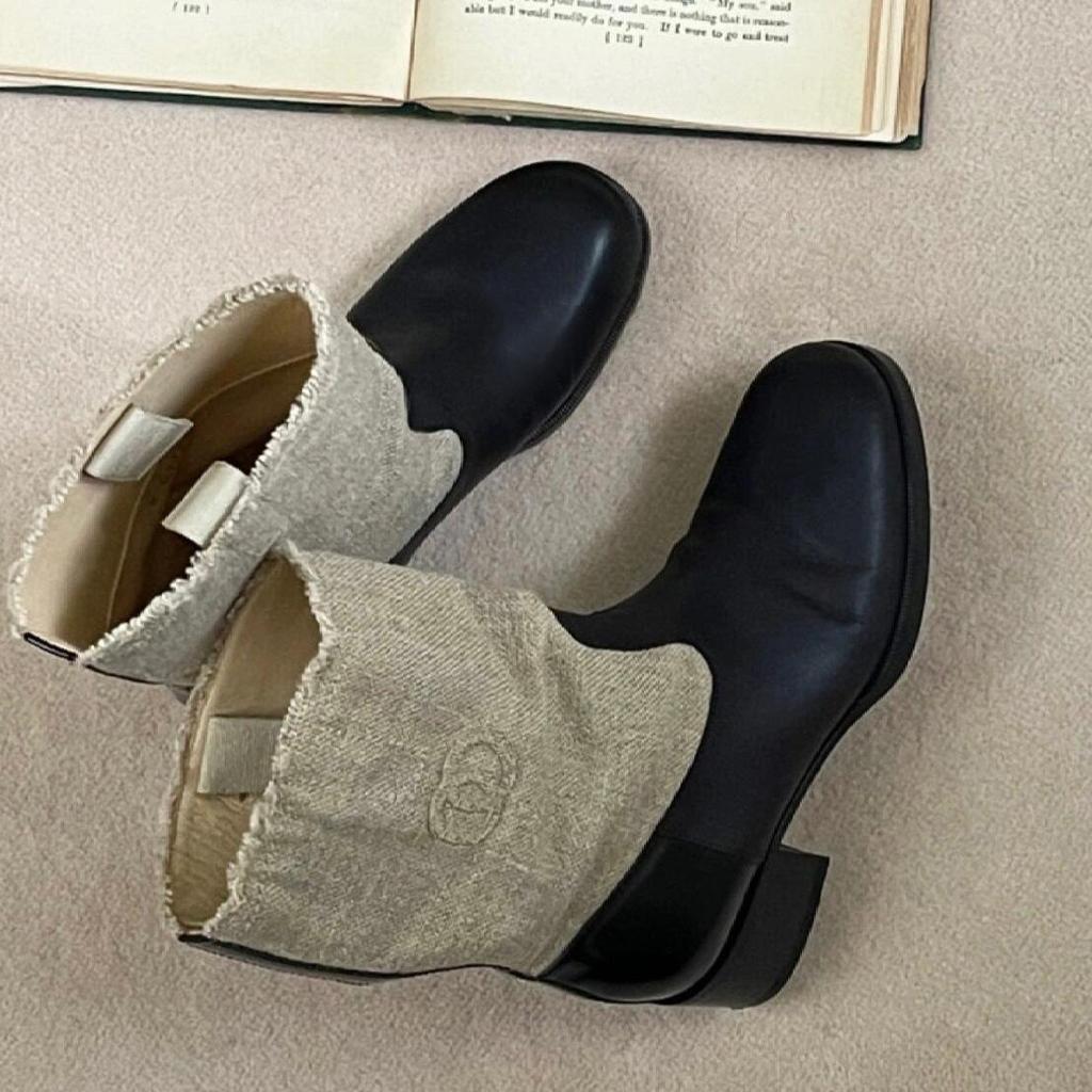 Sheepskin Version~ Xiaoxiangfeng Canvas Leather Wide Tube Martin Boots Women's Thick Heel Thick Sole Medium Tube Western Boots High Heel Short Boots