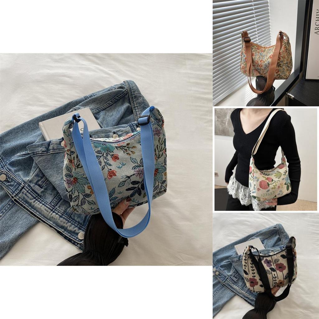 Stylish Casual Artistic Printed Crescent Bag In Deep Blue And Cream For Trendy Outings