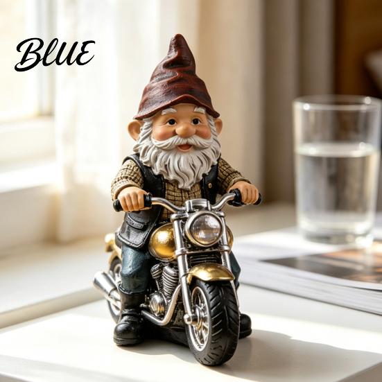 Hand Painted Gnome Figurine Riding Retro Motorcycle Figurine Motorbike Dwarf Resin Statue Ornament Sculpture for Home Office Desk Bookshelf