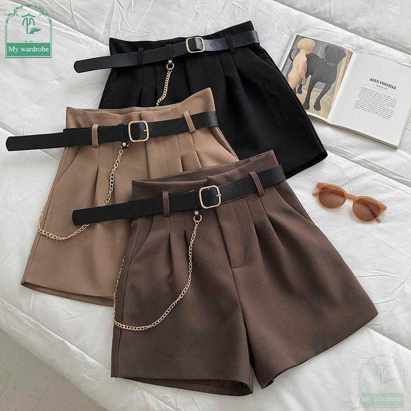 Casual Comfortable Elegant  Shorts With Belt Women's Slim Wide Leg A-line Shorts
