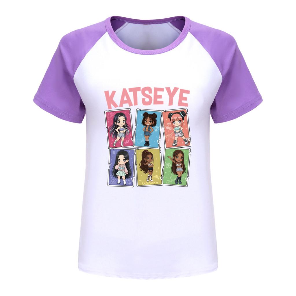 5300 Dziecięca Dziewczęca Koszulka Raglanowa z Krótkim Rękawem z Nadrukiem KATSEYE