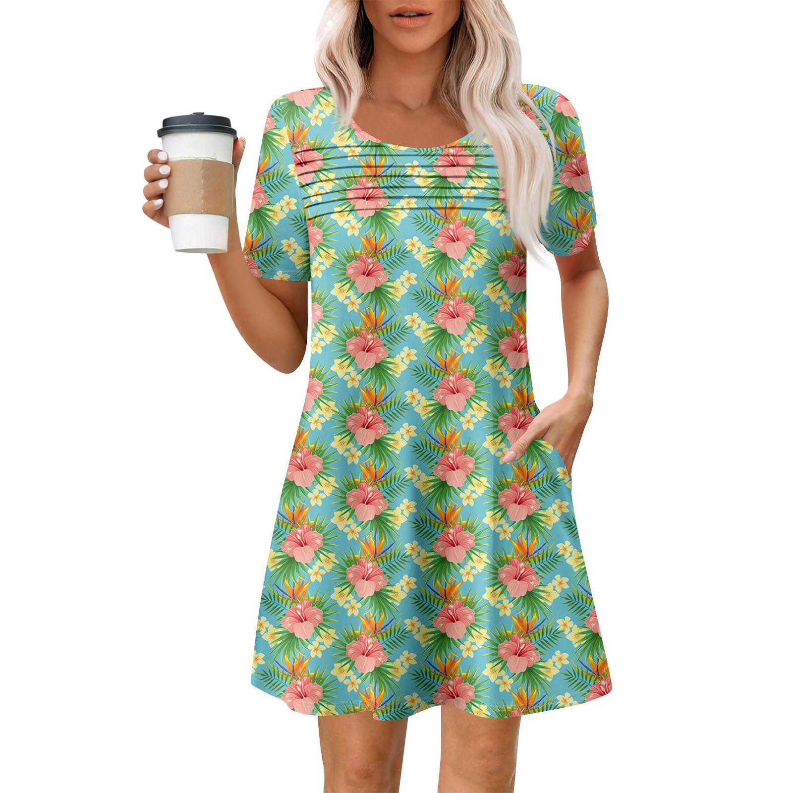 

Женские летние повседневные платья с круглым вырезом, плиссированные, с карманами, с принтом, с коротким рукавом L