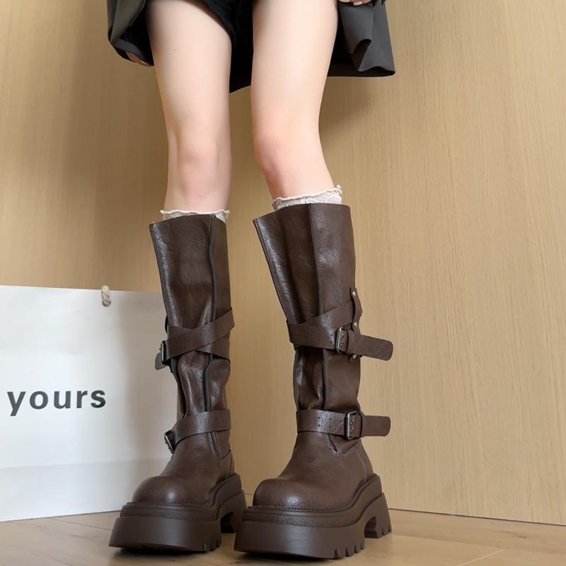 Versatile Retro Belt Buckle Locomotive Boots Women's Autumn Fashion Design Sense Small Leather Boots Thick Sole Heightening Knight Boots