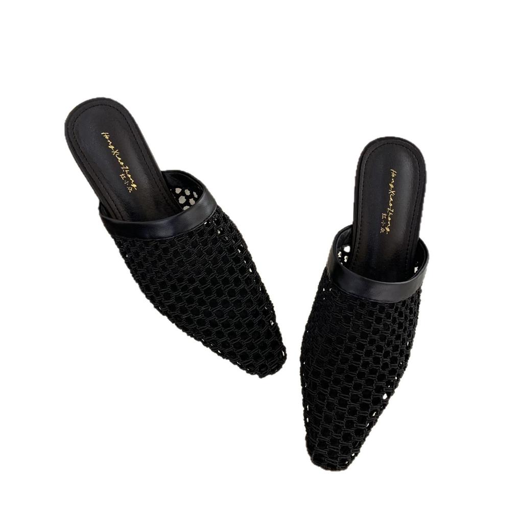 Versatile Woven Breathable One-Pedal Roman Single Shoes Square Head Retro Bag Head Half Slippers Women