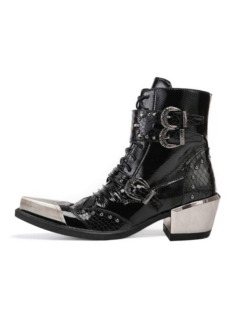 Dark Rock Men's and Women's Niche Punk Western Cowboy Metal Thick Heel Youth Stage Leather Short Boots Trend