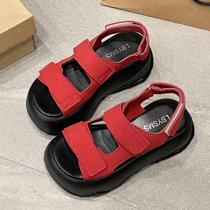 Fashion Platform Beach Shoes Suede Leather Round Head Peep Toe Hook & Loop Thick Bottom Casual Sandals Top Quality