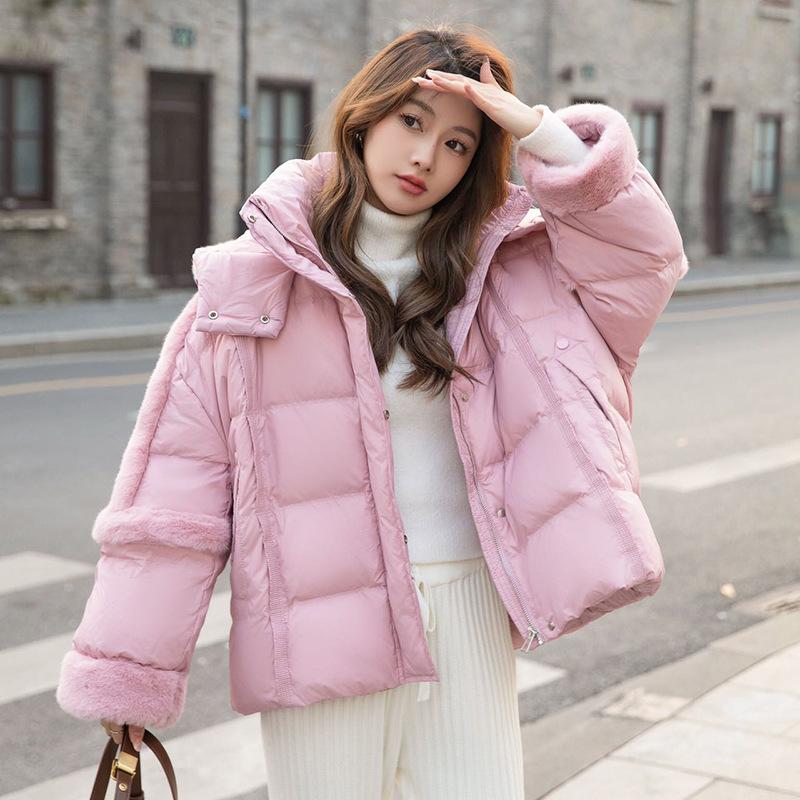 

Женский короткий пуховик из норки с вставками, зимний 2025, новая модная модель, утолщенный, с капюшоном, свободного кроя, маленькое пальто S розовый