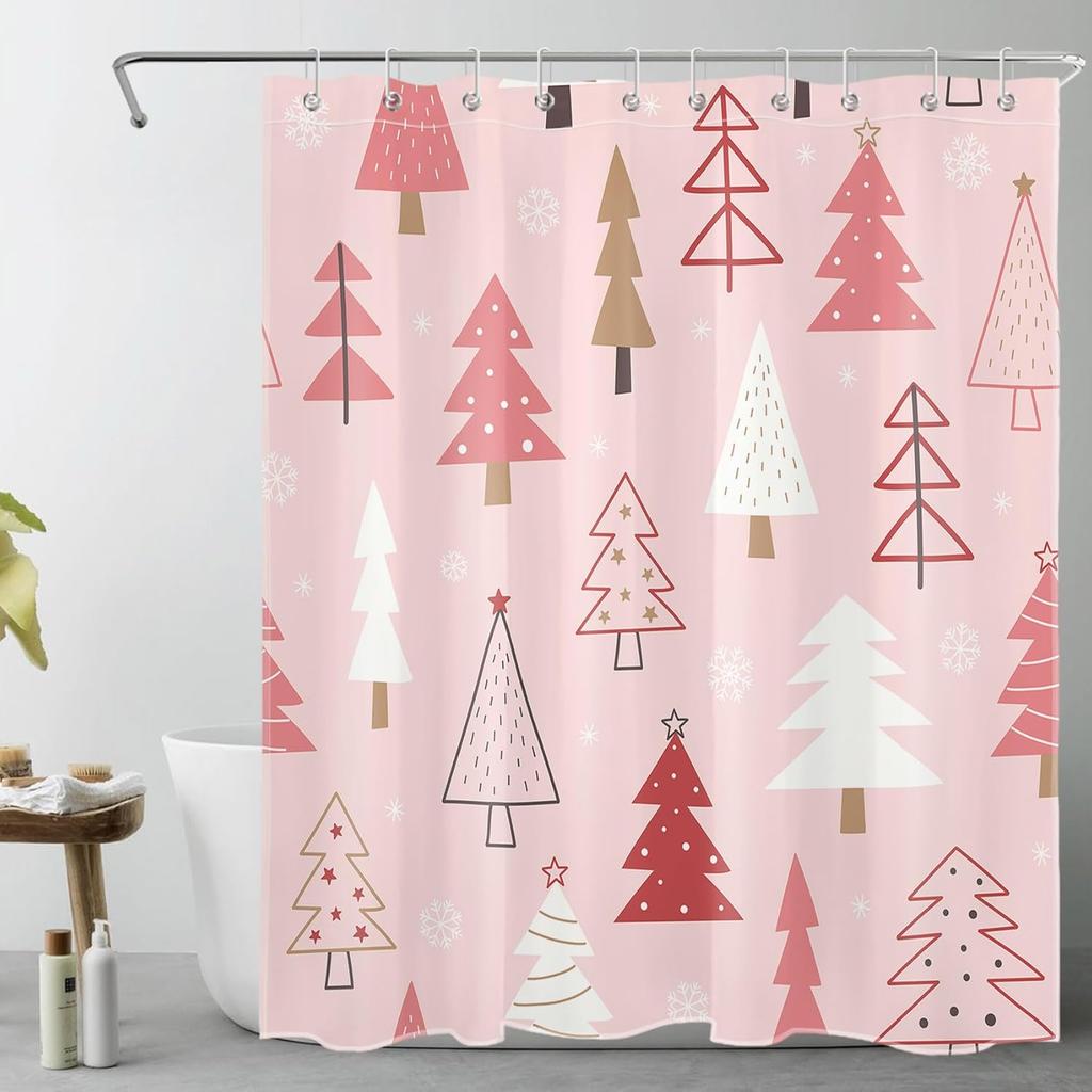 Christmas Shower Curtain for Bathroom,Xmas Pine Tree Forest and White Snowflake on Pink Shower Curtain with Hooks WinterBathroom