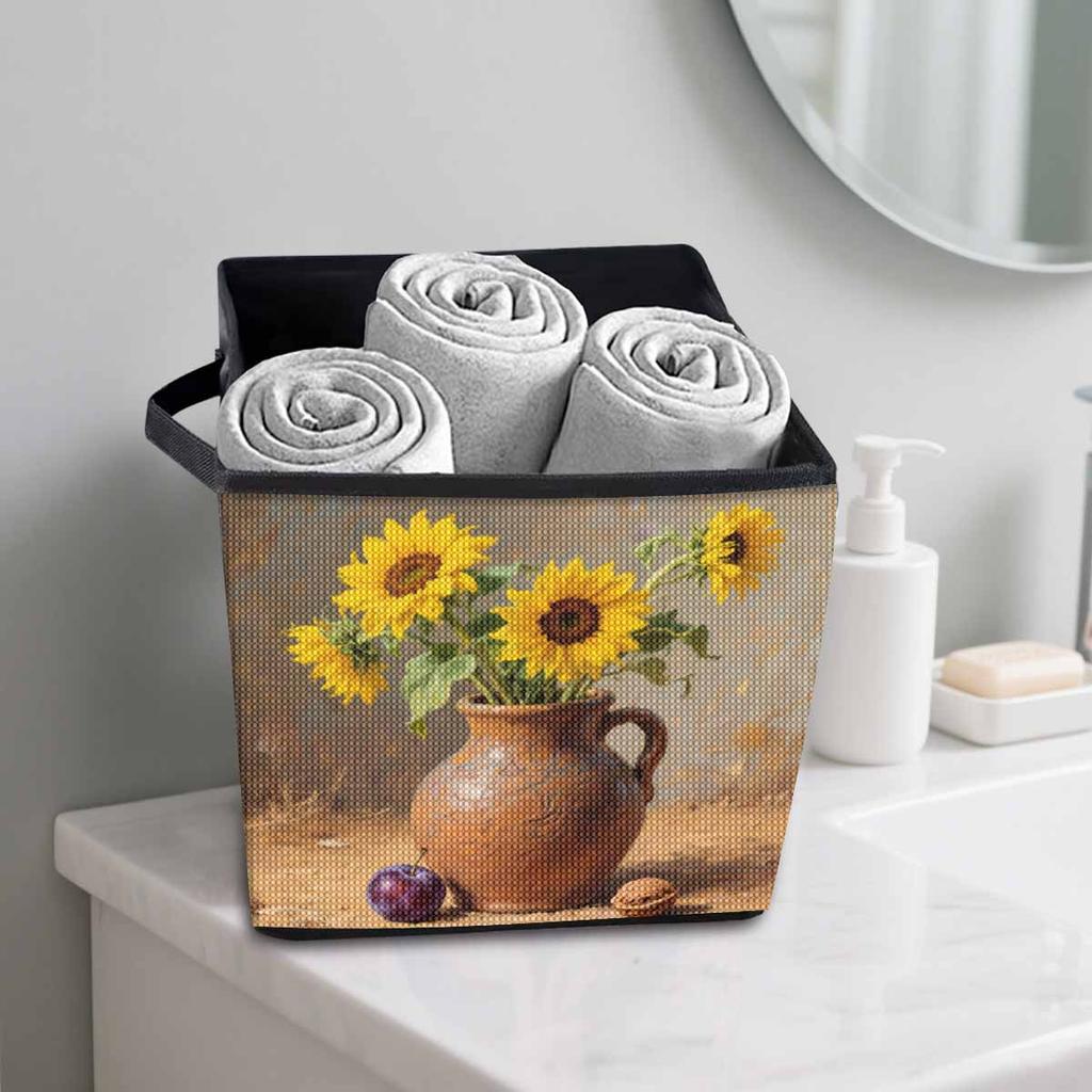 Charmante Sonnenblumen 5D Diamantmalerei Aufbewahrungskorb Vollrunde Bohrmosaik Diamantstickerei Kreuzstich-Sets Heimdeko Heimdeko