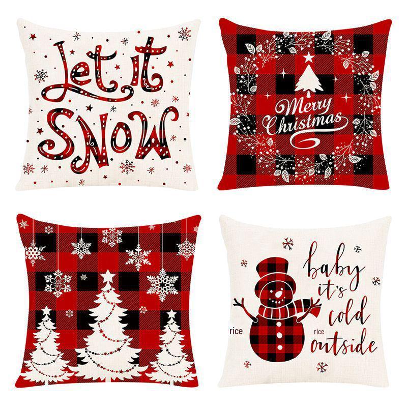 New Linen Christmas Pillowcase with Santa Claus and Reindeer Design
