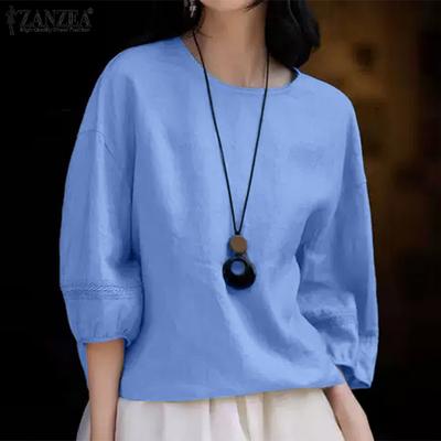 Women Casual Round Neck 3/4 Sleeve Loose Solid Blouse