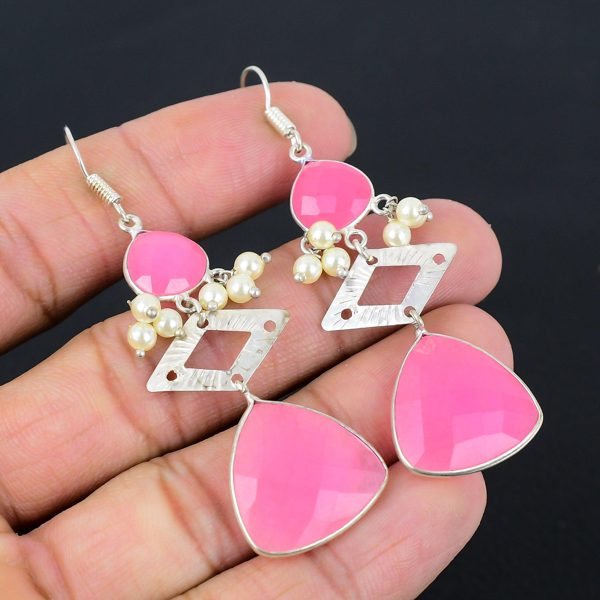 

925 Silver Natural Pink Chalcedony Drop Dangle Engagement Boho Earrings Jewelry