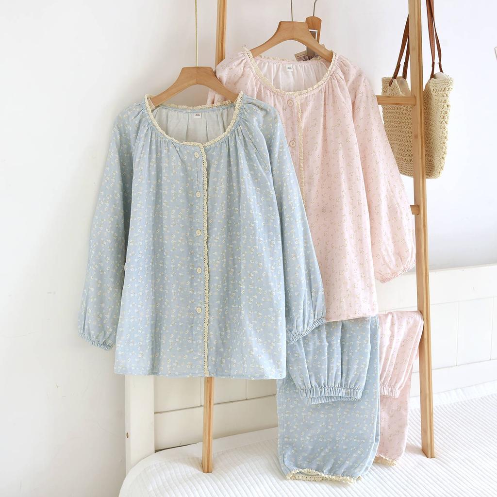 Women's Pajama Set Long Sleeved Pants Two Piece Set Women Sleepwear Floral Print Pajama Round Neck Pajamas