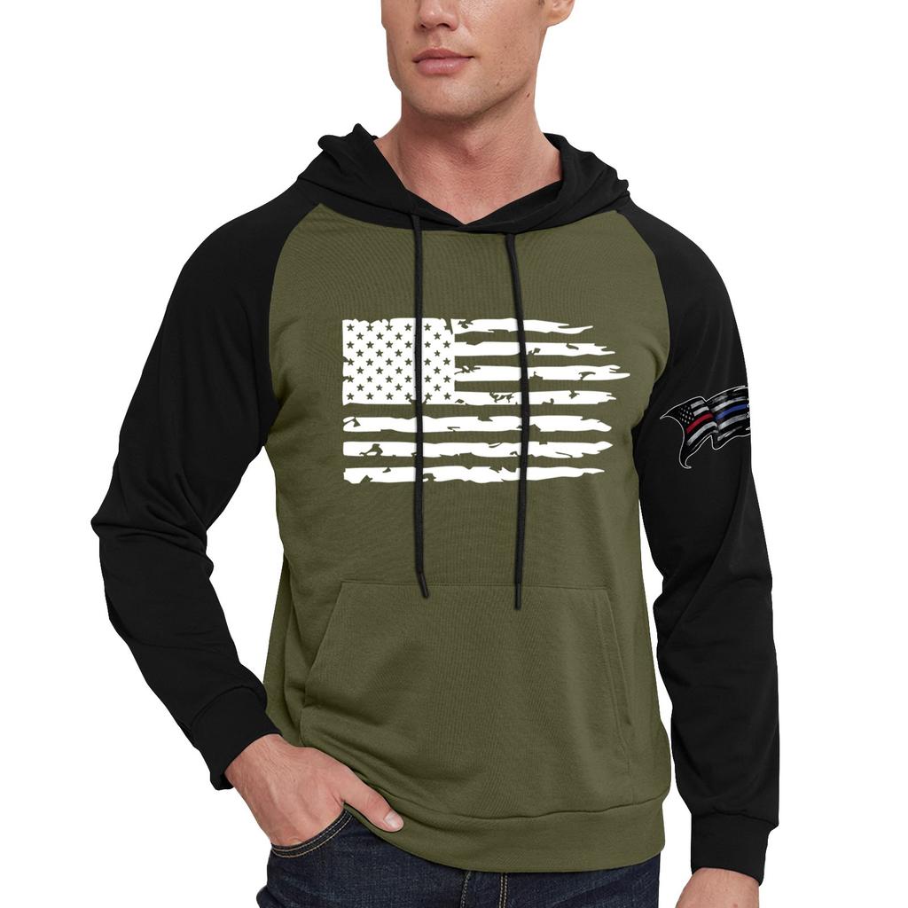 Pánská ležérní mikina s kapucí a stahovací šňůrkou, dlouhá, s potiskem vlajky a kapsami