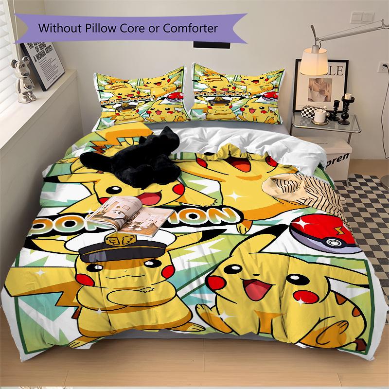 3pcs Pikachu Pokémon Quilt Cover Set (1 Quilt Cover + 2 Pillowcases Without Pillow Core), High-Definition Printing for Home and Dormitory.F053